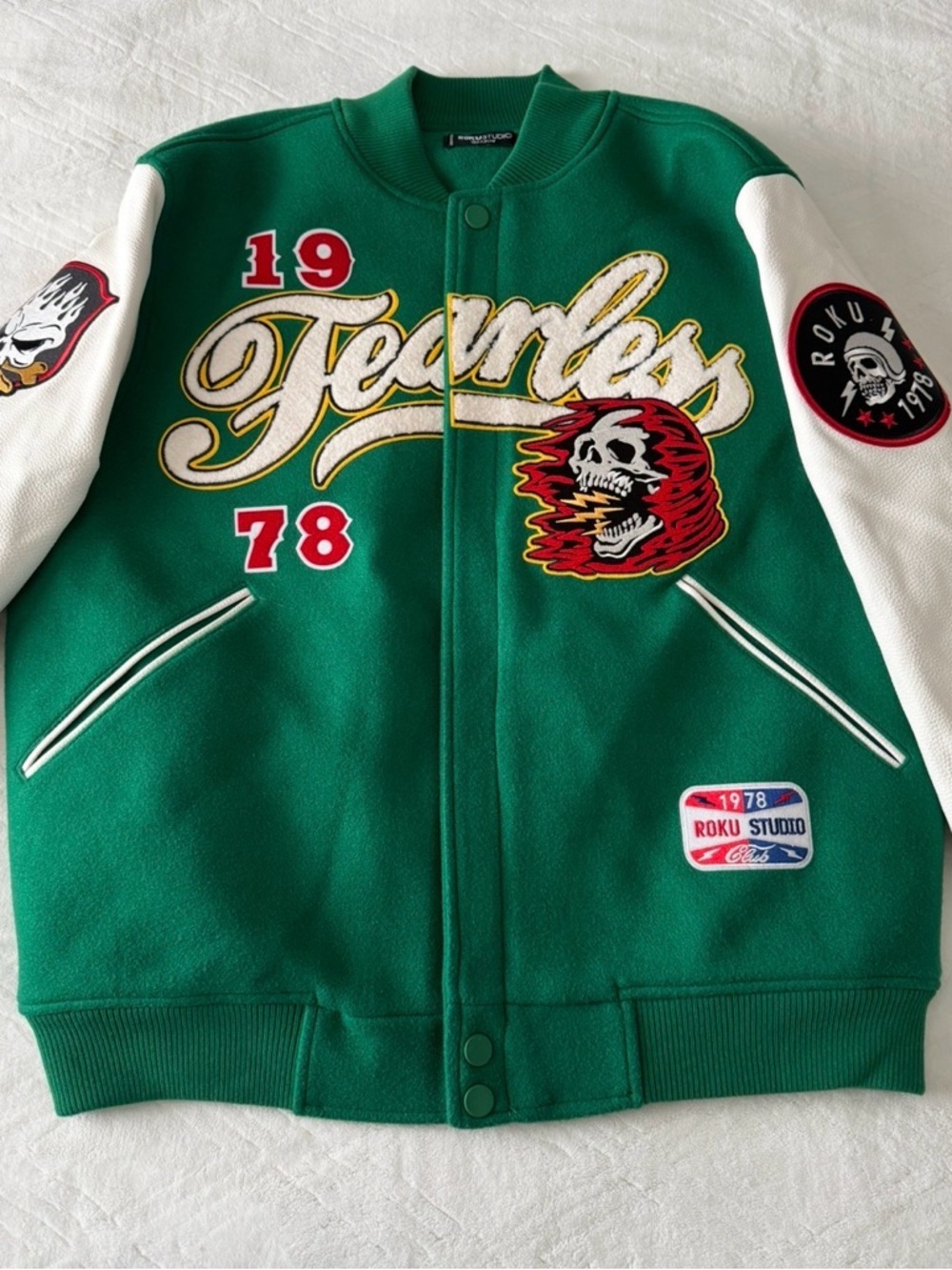 Roku Studio Green Varsity Jacket with White Sleeves & Embroidered Patches